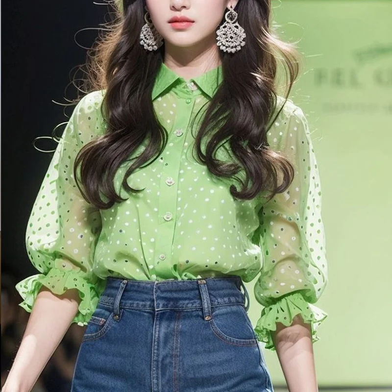 قميص نسائي بأكمام طويلة ، كم طويل ، قميص مطبوع أنيق ، سترة مرقعة بأزرار ، قمم فطر شجرة صالحة للأكل ، الربيع ، الصيف ، جديد