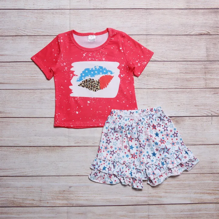 Independence Day Boutique Baby New Kids Cotton Short Red T-shirt Set Round Neck star Pattern Girl Top Clothes And  Shorts Suit