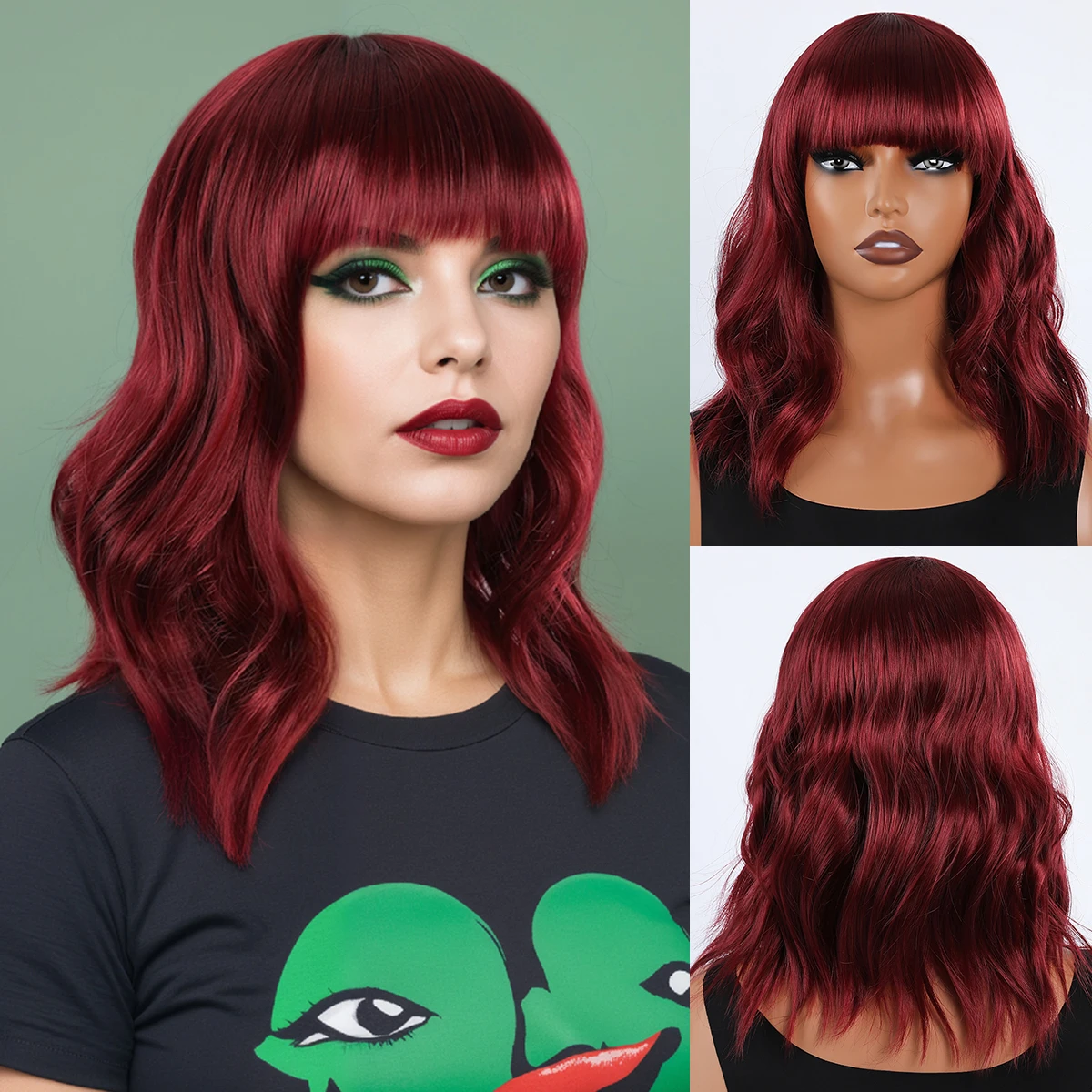 

Европейский и американский парик с челкой, короткие вьющиеся волосы, бордовые вьющиеся волосы, парик из синтетического волокна длиной до плеч.