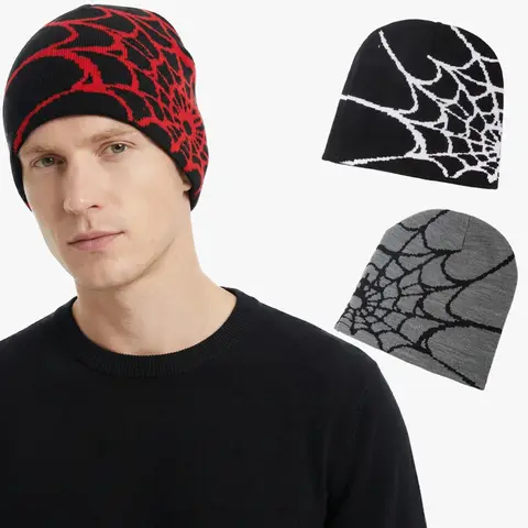 Spider Web Knitting Design Beanie Hat Unisex Y2K Goth Warm Pullover Skullies Hip-Hop Street Style Cap for Men And Women