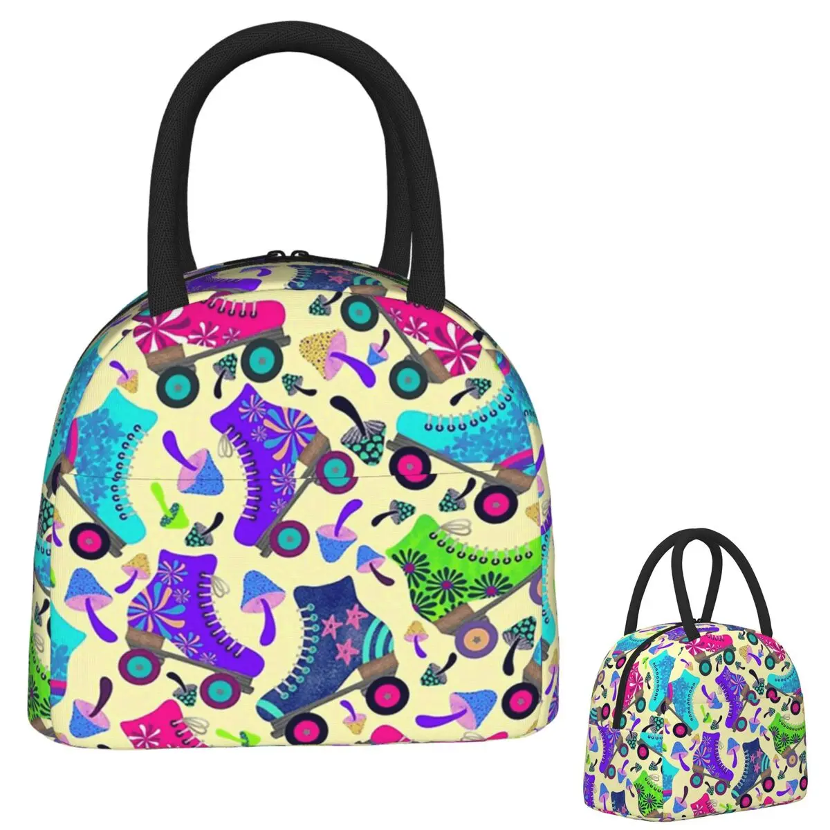 

Ретро роликовые коньки и волшебные грибы, изолированная сумка для обеда для женщин и детей, портативные коробки для еды, термобокс для обеда, сумка