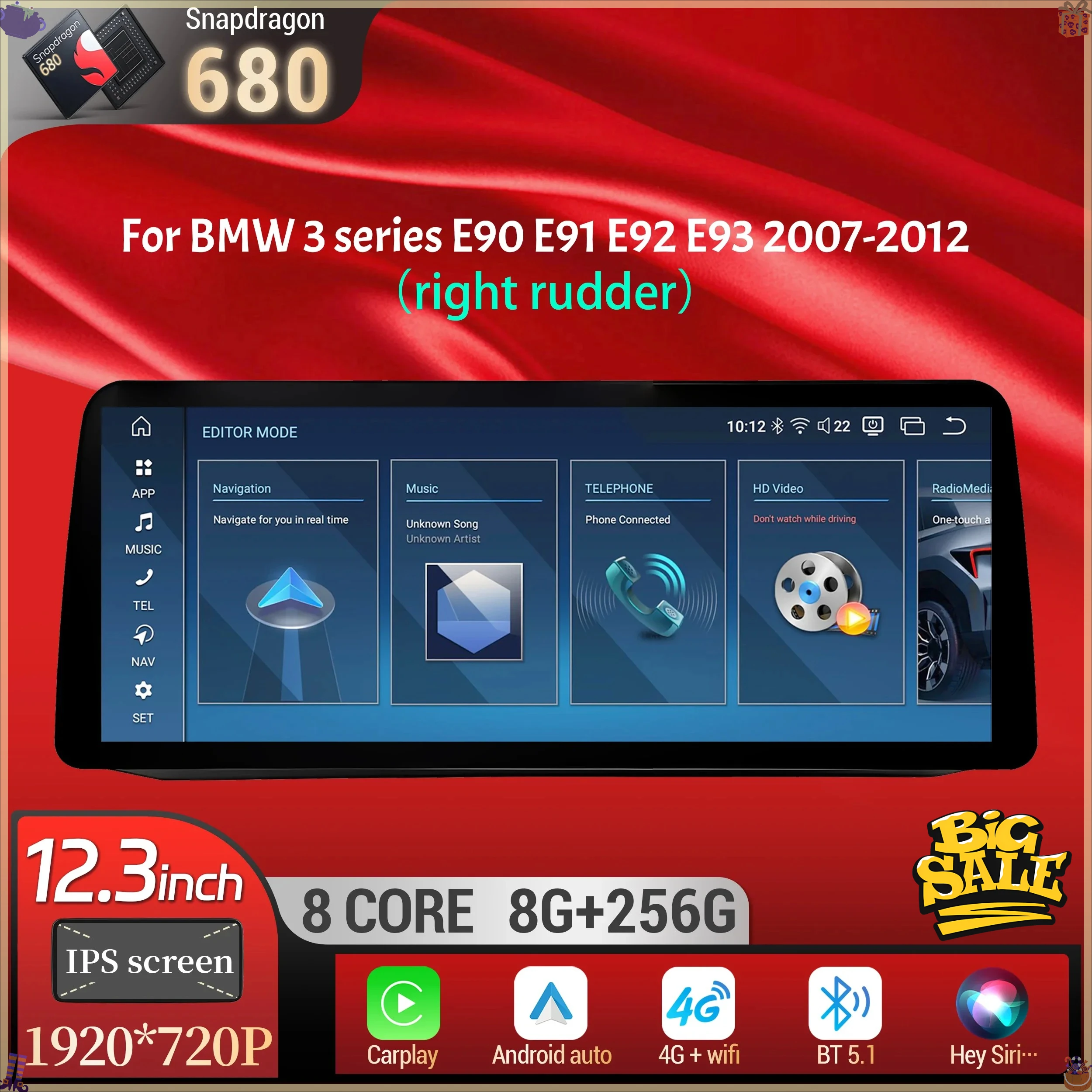12.3 inch For BMW 3 series E90 E91 E92 E93 2007-2012 Right Hand Drive Android 14 Car Radio Carplay Snapdragon 680 Touch Screen