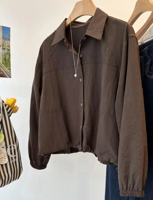 

Women's Jacket Summer New Fashionable Casual Solid Color Simple Lapel Button Front Crepe Fabric Slim Fit Sunscreen Short Jacket