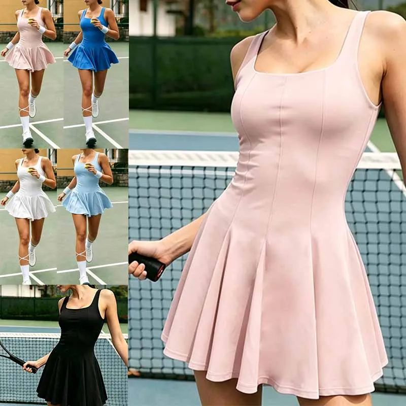 Womens Yoga Tennis Dress Sleeveless Elastic Athletic Dress with Shorts Ladies A-lined Ruffle Exercise Workout Golf Skirts