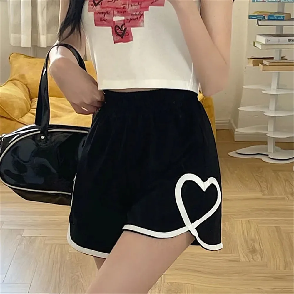 

Elastic High Waist Korean Fashion Casual Harajuku Cycling Shorts Women Heart Print Black Y2k Clother Aesthetic Streetwear Shorts