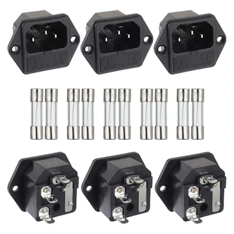 1 Set ABS Black AC 250V 10A 2 In 1 Mount Inlet Module Plug Socket Power Entry Connector Male Blades With 10A Fuse(Pack Of 6Pcs)