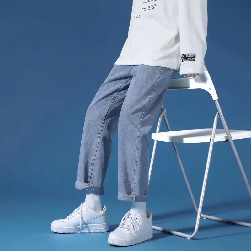 Men Straight Leg Jeans Loose Fit Roll Up Cuff Classic Casual Streetwear Ankle Length Trousers For Male Daily Outdoor Wear