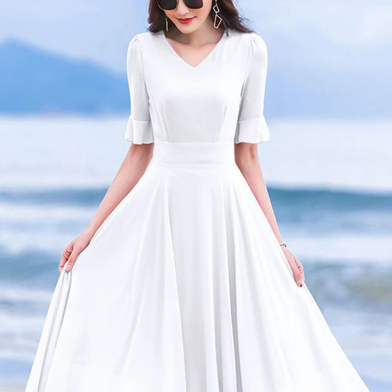 Summer V-neck Elegant Fashion Ruffles Beach Holiday Midi Dress Female Half Sleeve Waist Robe Women Solid Color Chiffon Vestidos