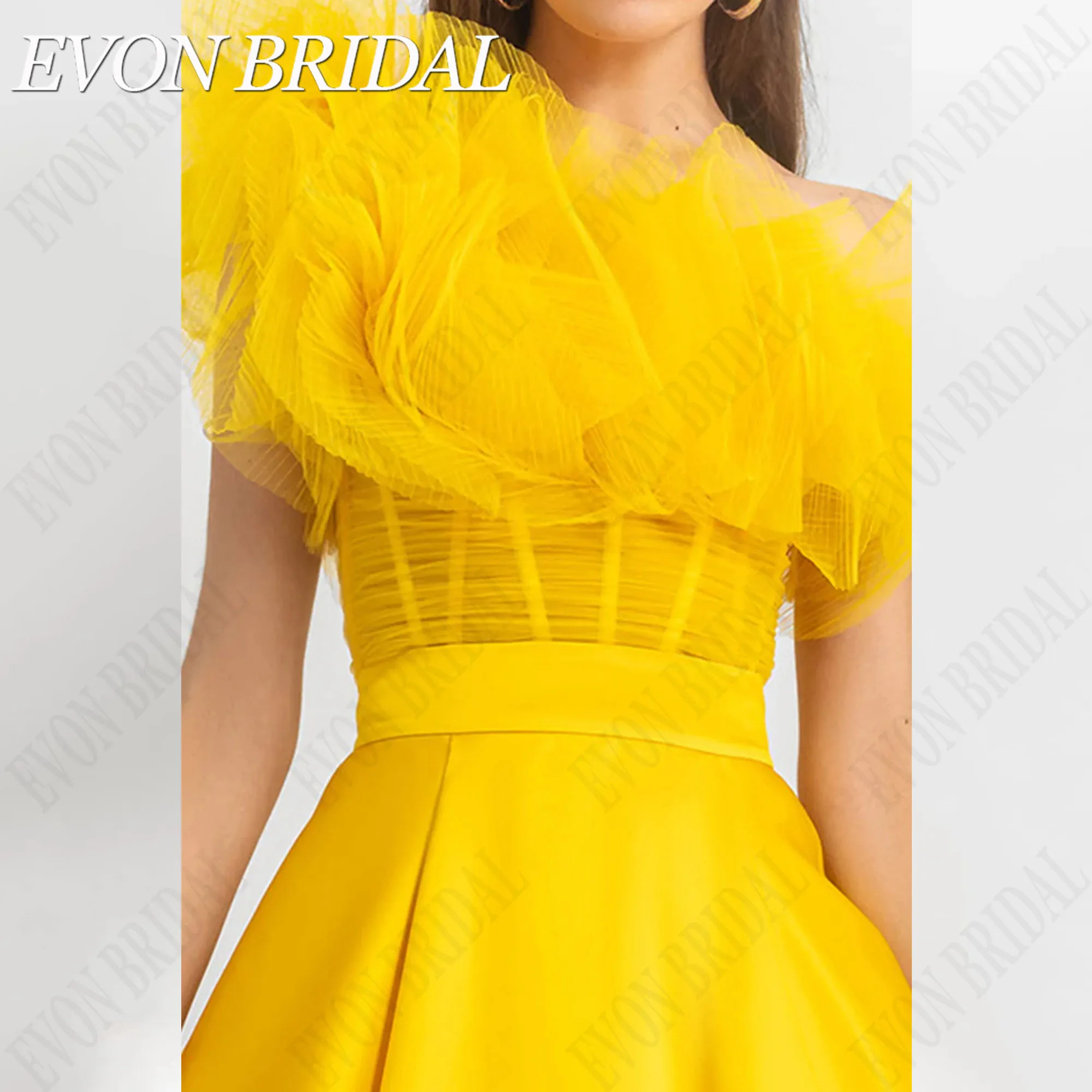 EVON BRIDAL One Shoulder A-Line Evening Gown Sleeveless Yellow Satin Celebrity Dress Floor Length vestidos de ocasião Customized