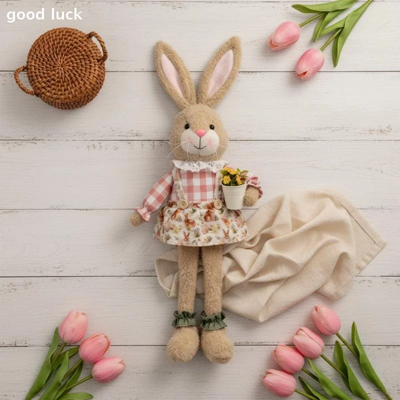 Easter Themed Pastoral Long Leg Sitting Rabbits, Plush Desktop Decoration Ideal For Party And Family Gatherings