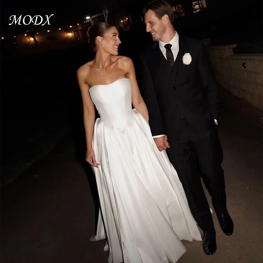 MODX Classic Strapless Satin Wedding Dress Simple A-Line Bridal Gown Timeless Elegant Style for Bride Wedding Ceremony Custom