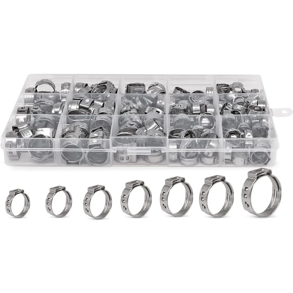 145Pcs 304 Stainless Steel Hose Clamp Assortment Kit, Quick Fix Single Ear Pipe Clips for Fuel Water Tube Fastening