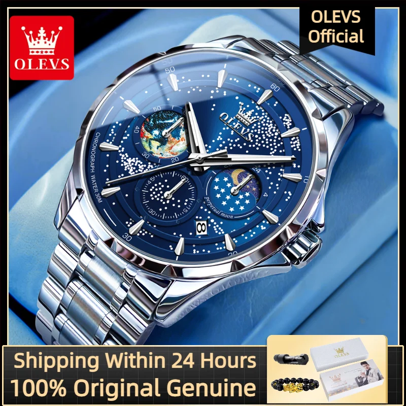 

OLEVS, мужские кварцевые часы высшего класса, модные роскошные многофункциональные водонепроницаемые светящиеся мужские часы с фазой Луны, звездное небо и датой