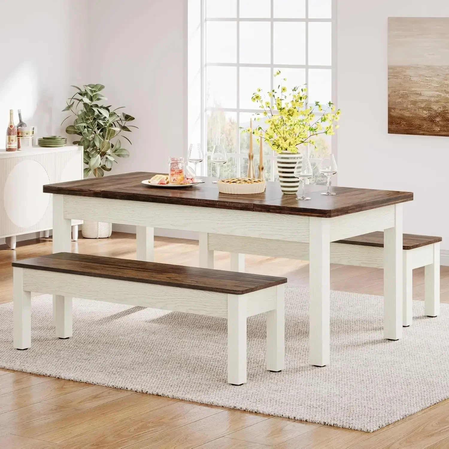 

Kitchen Table Set for 4-6, 55-Inch Wooden Dining Table with 2 Benches, Space Saving Heavy Duty Dinette for Dining Room