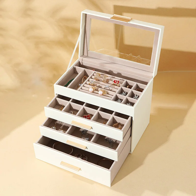 

Leather Jewelry Box Minimalist Ring Storage Boxes Large Capacity Necklaces Display Case Jewellery Organizer Transparent Skylight