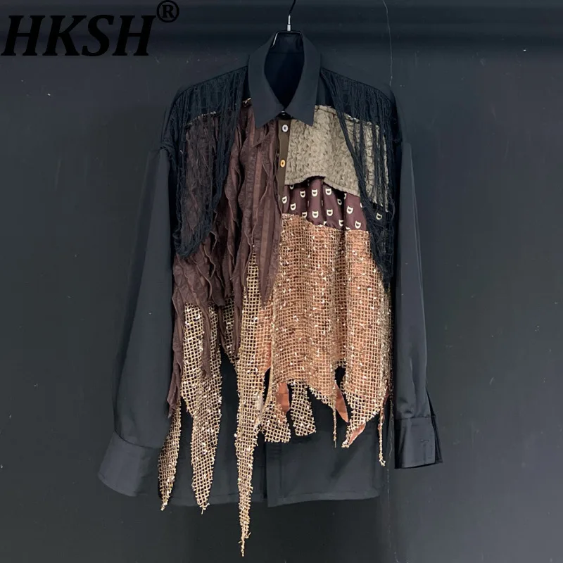 

HKSH Niche Design 2025 Spring Autumn New Man Tide Patchwork Coffee Color Shirts Loose Casual Long Sleeve Shirt Women Ins HK11348
