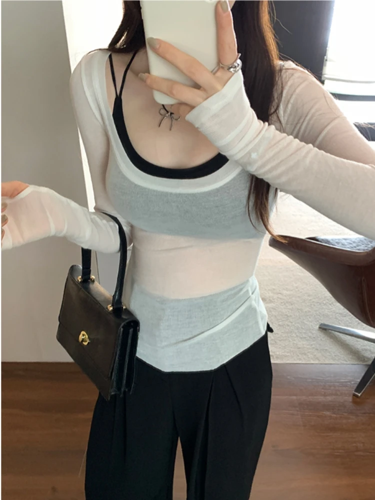 Alien Kitty Spring and Summer New Simple White Large U-Neck Long-Sleeved T-Shirt for Women Korean Style Inner Bottoming Blouse Pure Color Basic Top 4 Colors S-Xl