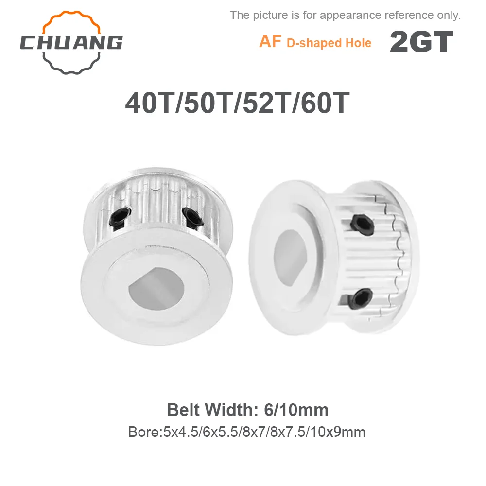 

2GT/GT2 40T/50T/52T/60Teeth Timing Pulley D Hole 5x4.5/6x5.5/8x7/8x7.5/10x9mm Belt width 6/10mm High Torque Synchronous Pulley