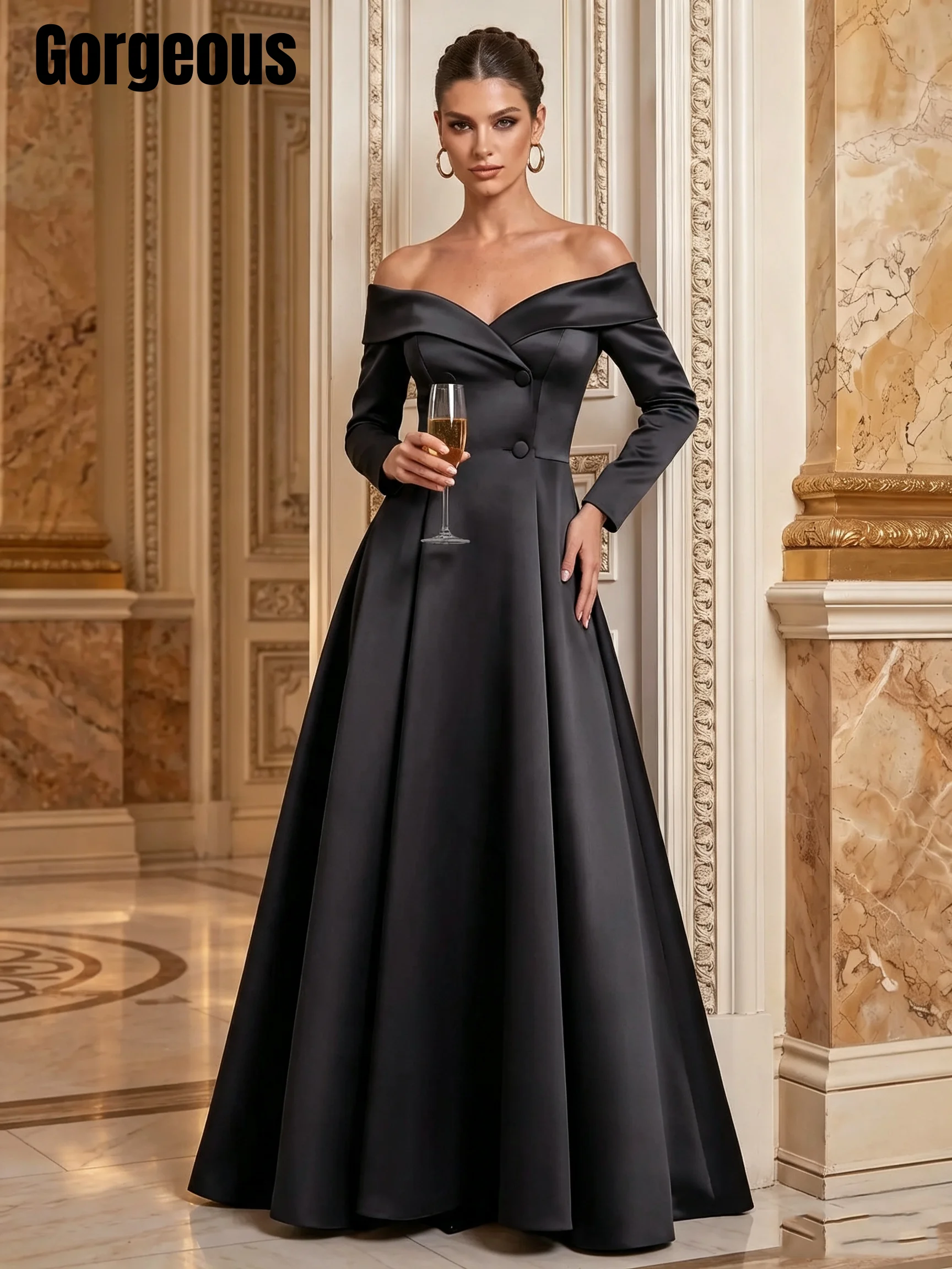 Black Elegant Mother of The Bride Dresses for Women Off-Shoulder Satin Prom Dresses A-line Long Formal Wedding Guest Dress