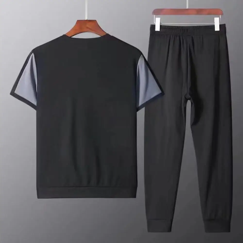 2 Pcs/Set O-Neck Short Sleeve Casual Outfit Elastic Waistband Drawstring Pockets Men Patchwork Color T-shirt Jogging Pants Set