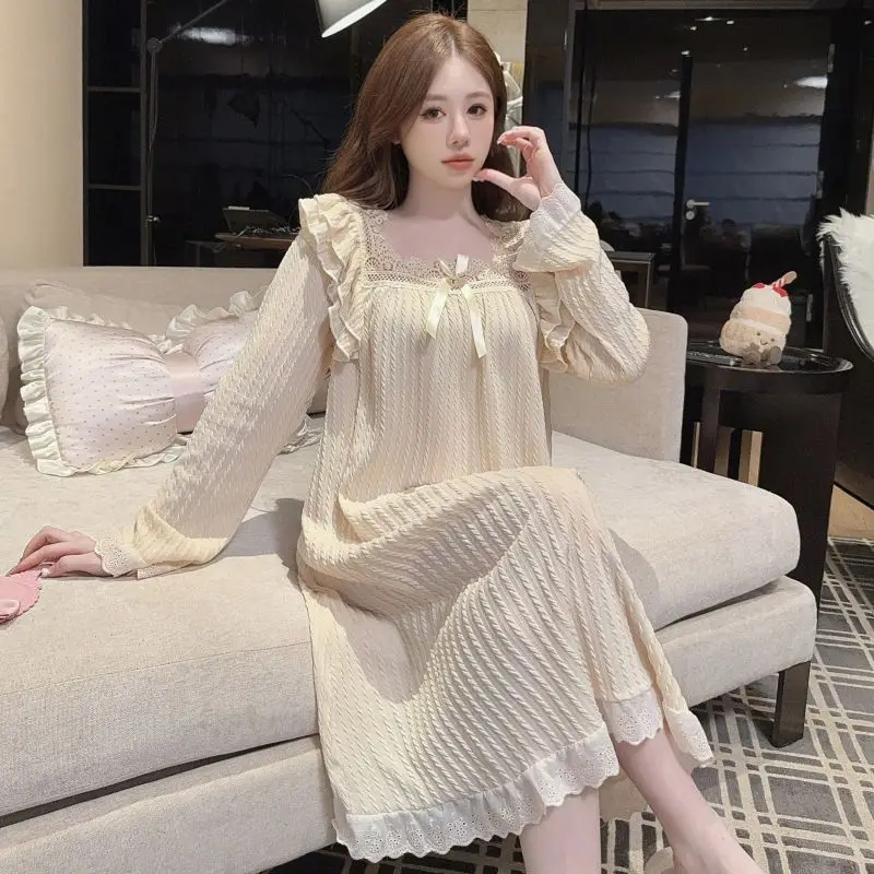 

2026 Autumn Plus Size Princess Long Sleeve Cotton Nightgowns for Women Korean Cute Lace Sleepwear Night Dress Nightdress nighty