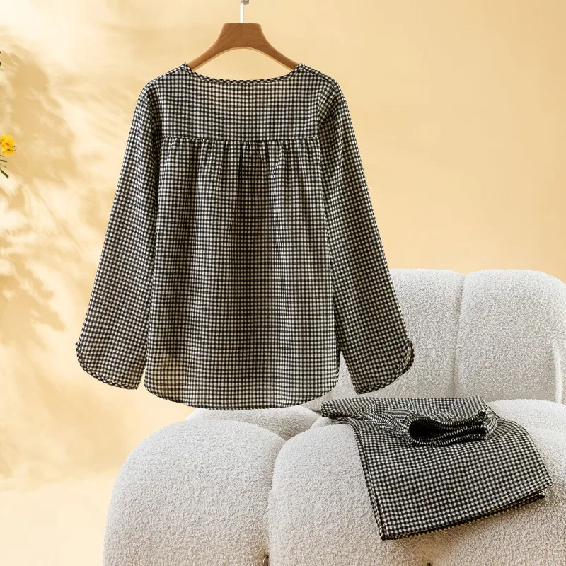 2026 Japanese New Spring And Autumn Women's Pajama Set 100% Cotton Checkered Round Neck Long Sleeve Home Clothes Two Piece Set 2
