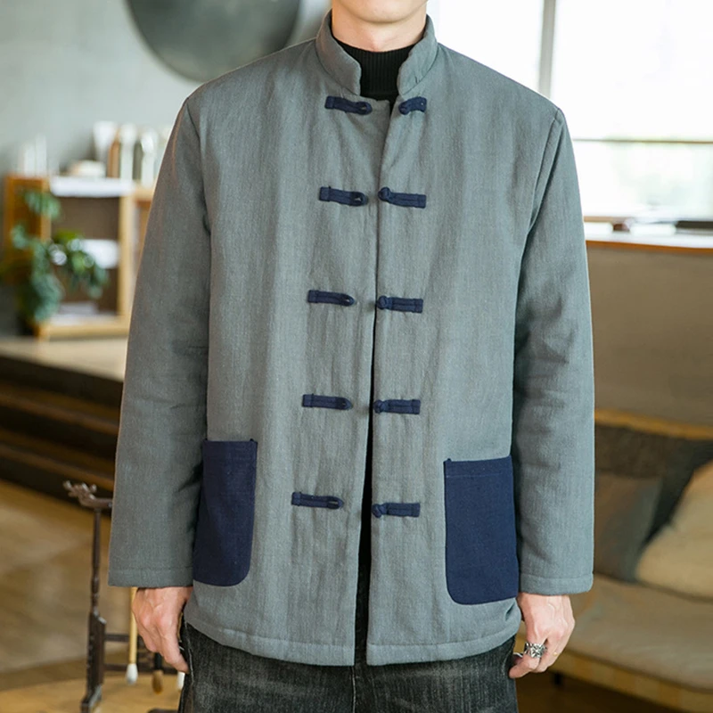 

Мужские повседневные пальто в китайском стиле с длинным рукавом, новинка 2026 года, весенние винтажные куртки с воротником-стойкой, свободные, теплые, N066