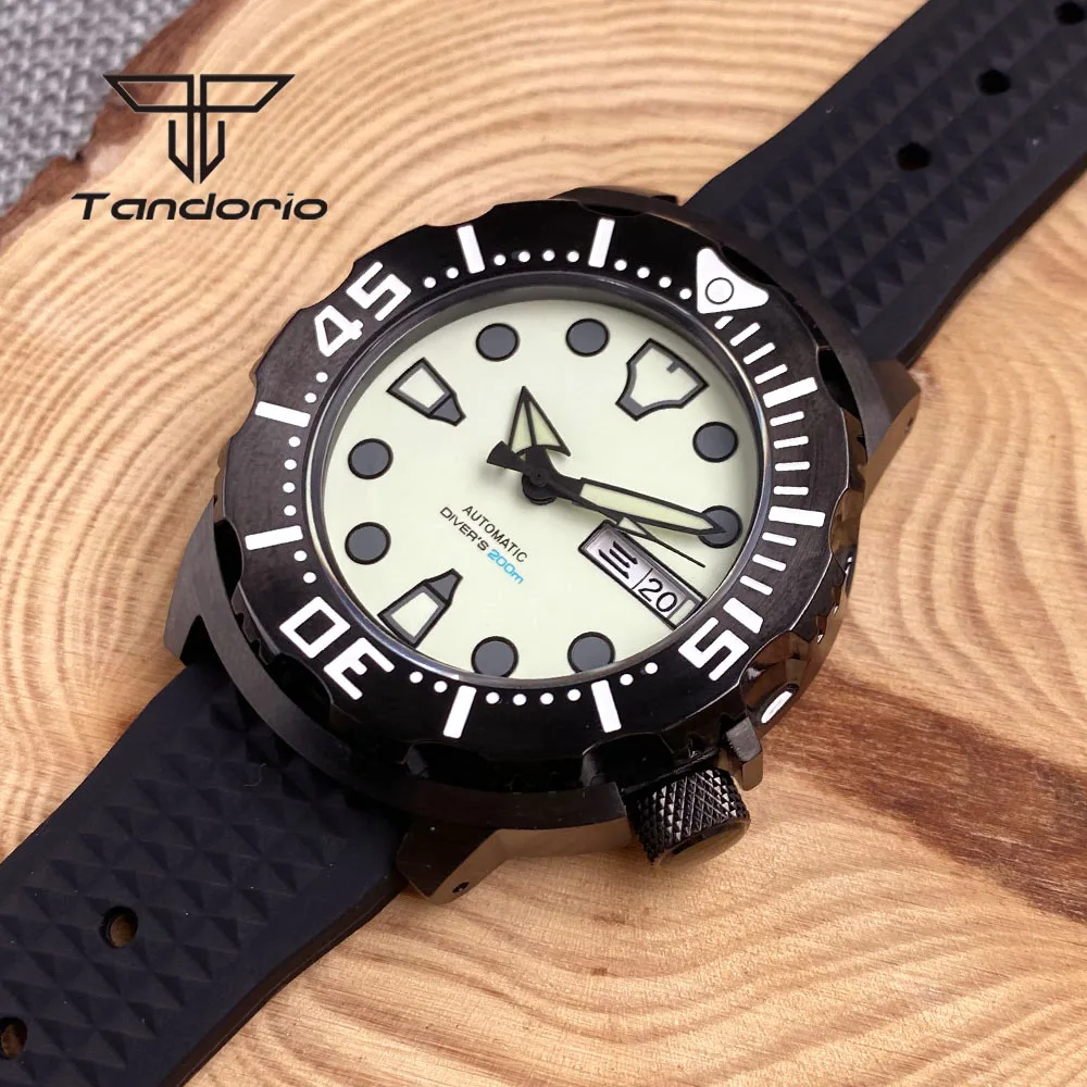 Tandorio Full Green Luminous Wristwatch NH36 Week Date 42mm Monster Black Case 20BAR Dive Automatic Men Watch AR Sapphire Glass