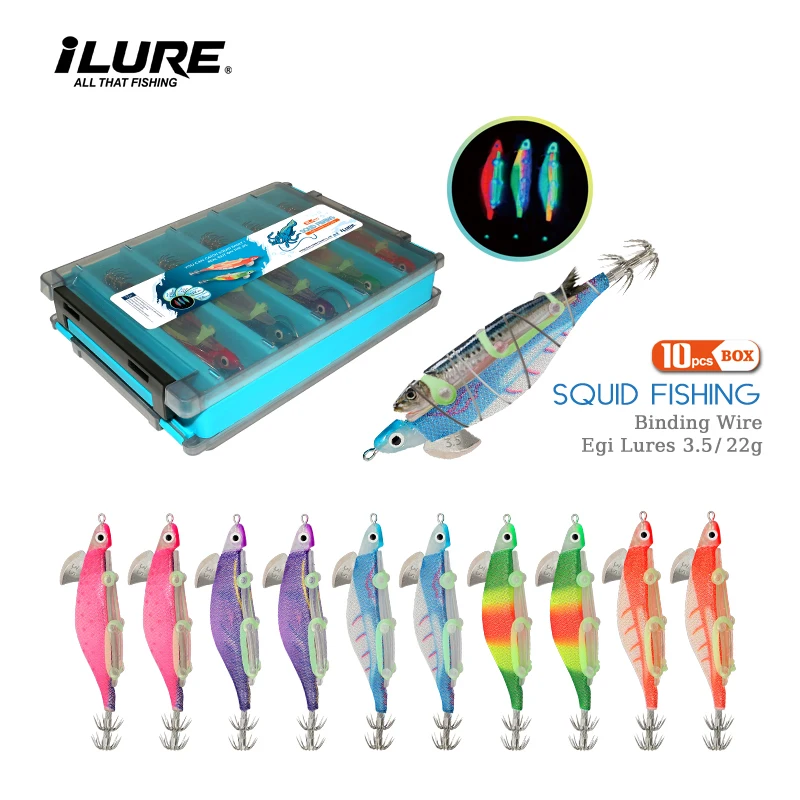 

ILURE 10pcs Artificial Hard Bait Bundled Wooden Shrimp Bait 125mm22g Luminous Squid Wobblers Sea Fishing Rockfishing Lure Tackle