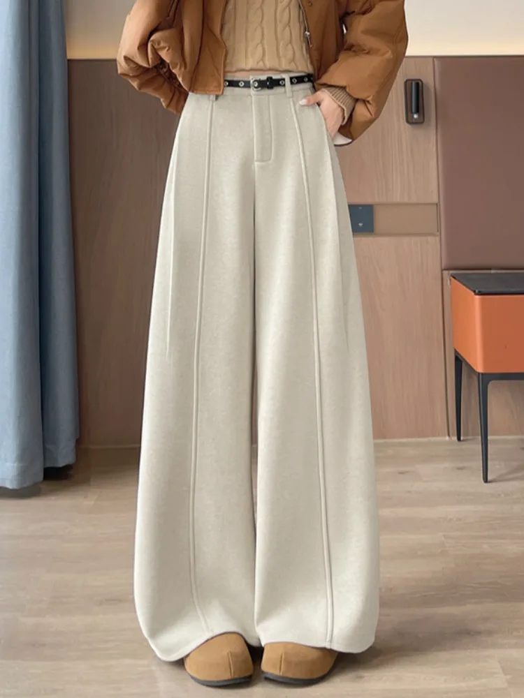 Modne spodnie damskie z wysokim stanem, ocieplane wełną, codzienne, zimowe, z podszewką z polaru, proste nogawki, długość do podłogi, szerokie nogawki.