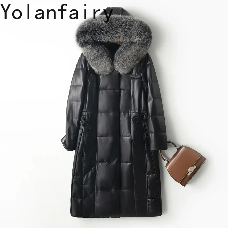 Genuine Leather Jacket Women Hooded Thickened Down Jackets for Women 2024 Winter Mid-length Down Coats Fox Fur Collar Jaqueta