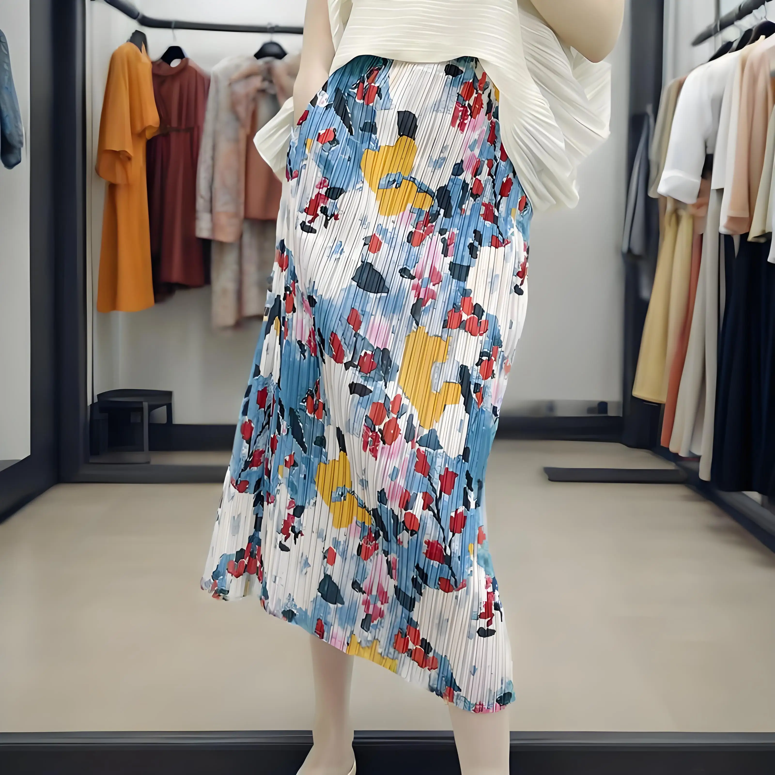

Miyake 2025 New Spring and Summer Popular Model Pleated Post-split Printing Women's Fashionable and Comfortable Niche Skirt