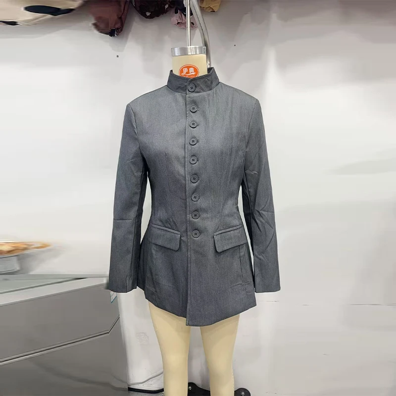 Damen-Blazer mit Stehkragen und Taillenbetonung, elegant, langärmelig, einreihig, schmal geschnitten, schicke Bürojacke – Detail 3