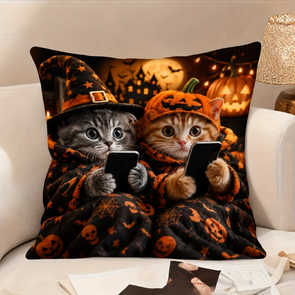 Funny Halloween Cat Throw Pillow Cover Black Cat Pumpkin Ghost Cushion Case for Sofa Bed Home Decor Party Decorative Pillowcase