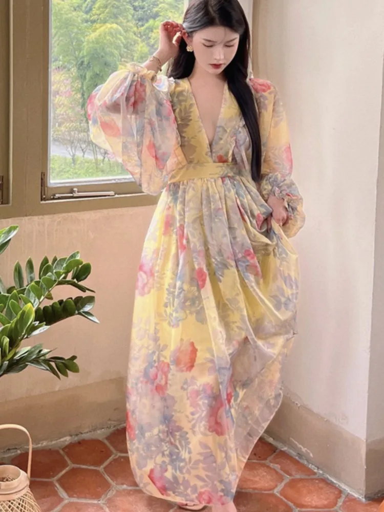 

Autumn Elegant Women Floral Midi Dress Long Sleeve Vintage Party Birthday Vestidos Female A-Line Mujers Fall Clothes New