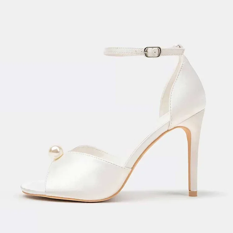 

Satin Peep Toe Pearl Embellished Ankle Strap Heeled Sandals in White