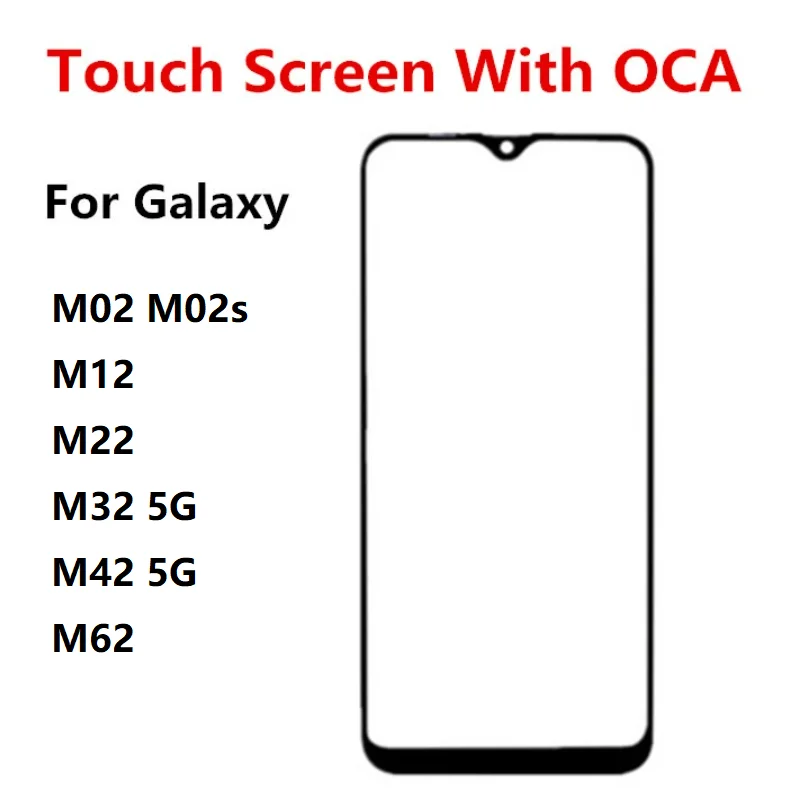 Penutup luar kaca, layar luar untuk Samsung Galaxy M02 M12 M22 M32 M42 M62 depan Panel sentuh LCD Display suku cadang pengganti + OCA