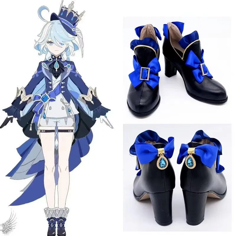 Black Furina Cosplay Shoes Focalors Cosplay Boots Role Play Game Shoes Heel 5cm Custom Size