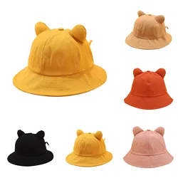 Women Cute Solid Color Cotton Bucket Hat Cute Cartoon Cat Ear Beach Hat Fisherman Hat Sun Cap Kids Outdoor Travel