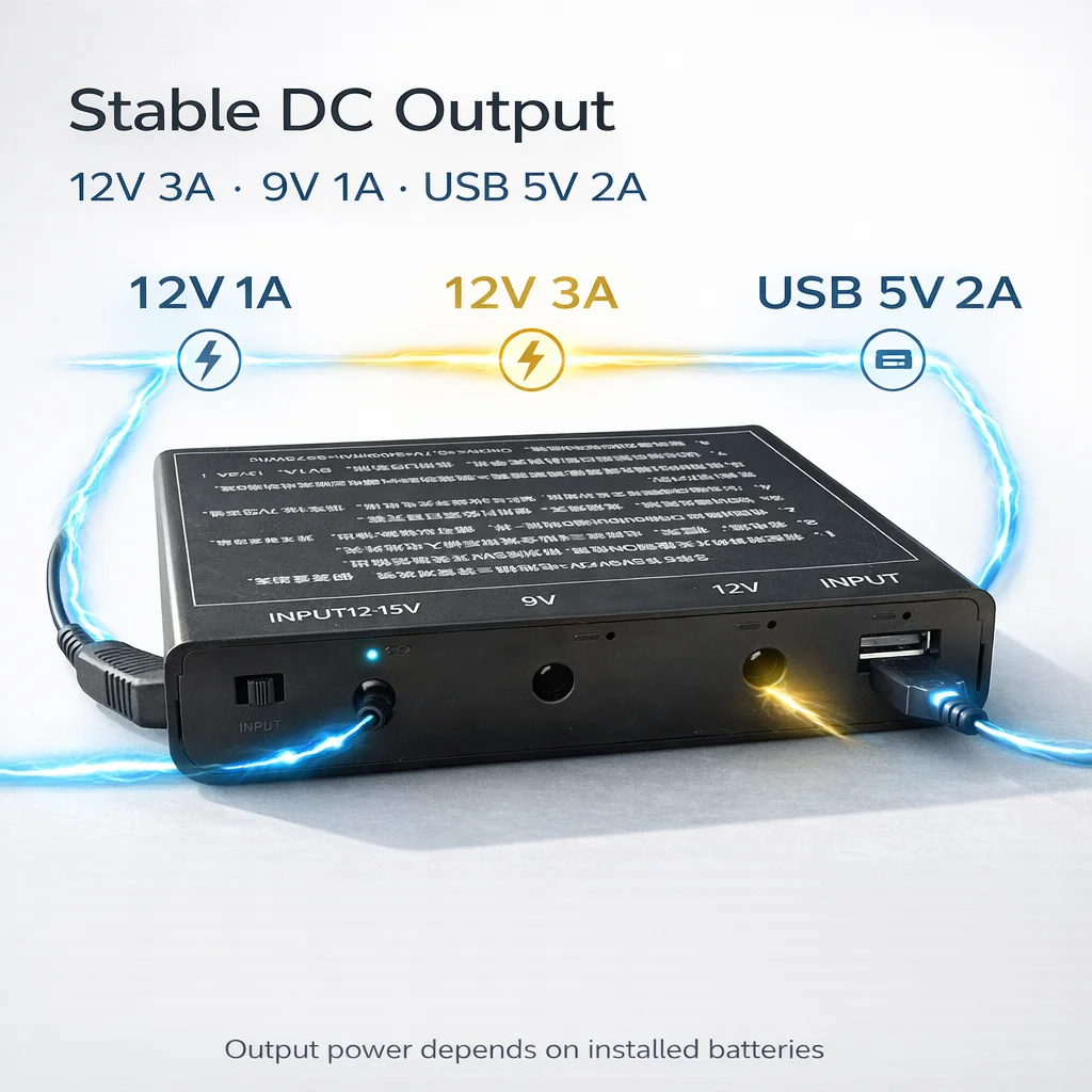 Automatic DC UPS Backup Power for WiFi Router & IP Camera, Seamless Switchover, Replaceable 18650 Batteries, No Battery