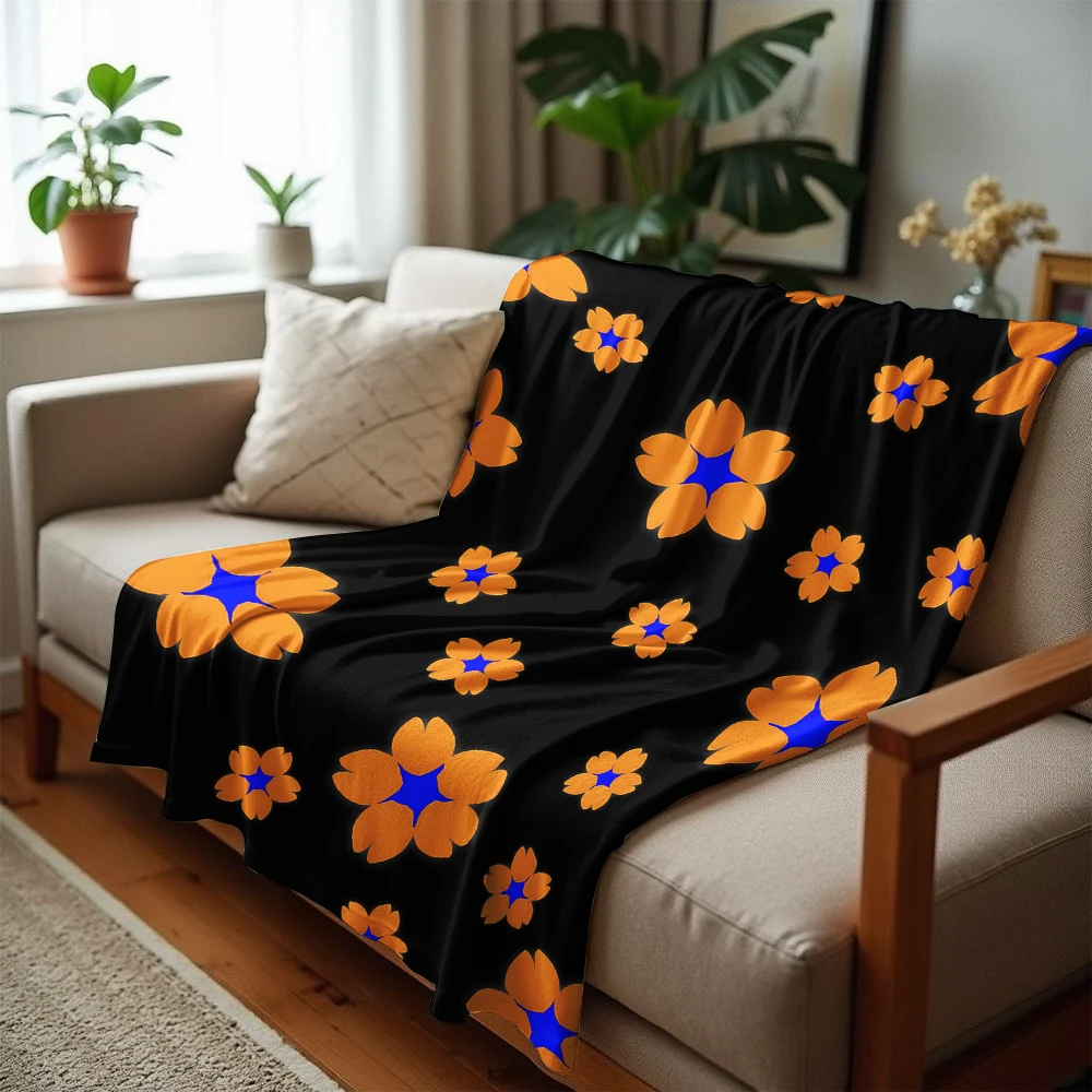 Orange Blue Sakura Cartoon Anime Print Flannel Blanket Soft Warm Throw for Kids Bedroom Sofa Christmas Office Car