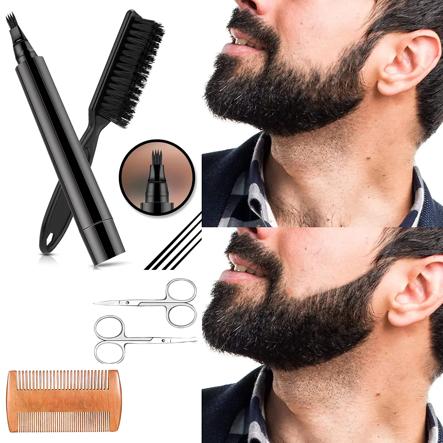 Beard Pen Filler Scissors Set Barber Styling Pencil with Brush Comb Cover Facial Hair Patches Tool for Men Cosmetic Styling