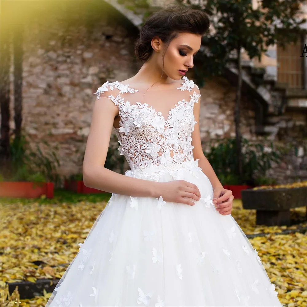 Vestidos de novia de flores hechas a mano con mariposas blancas hermosas, cuello transparente, Mangas de casquillo, apliques, vestidos de novia largos, nuevo