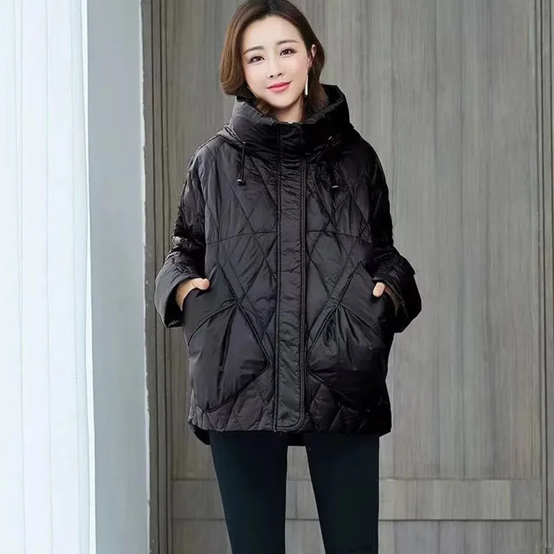 Lightweight Short Down Cotton Coat for Women, Padded Jacket, Female Loose Cape, Casual Hooded Parker Outerwear, Black, Autumn, W