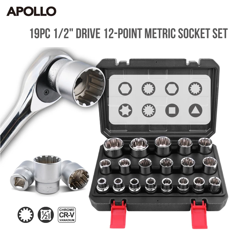 

Apollo 19/21PCS 1/2" Drive 8-36mm S2 Black Impact Socket Set Hex/12-Point for Pneumatic Wrench & Industrial Maintenance