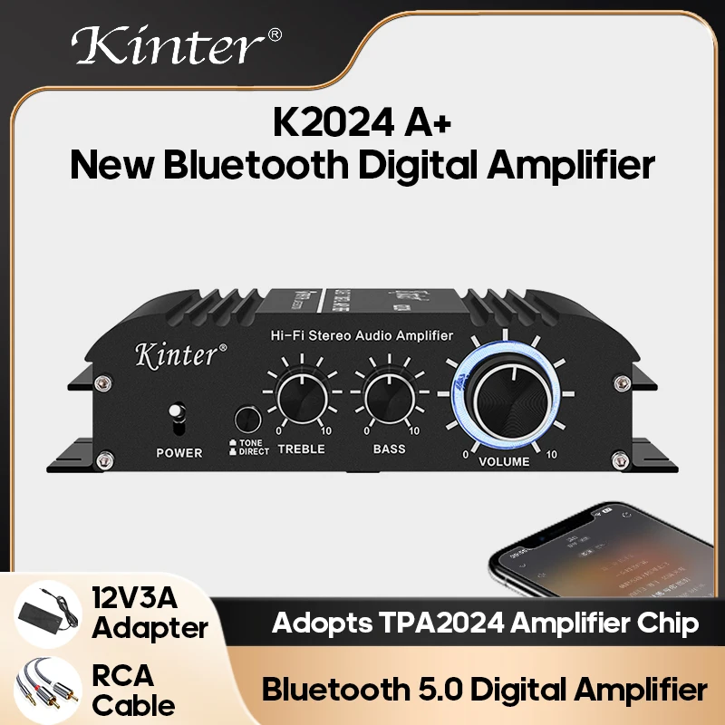 

KINTER 12V Audio Digital Amplifier 2 Channel Amplifier Treble Bass Adjustment Bluetooth 5.0 TPA2024 Chipwith 12V Adapter RCA Cab