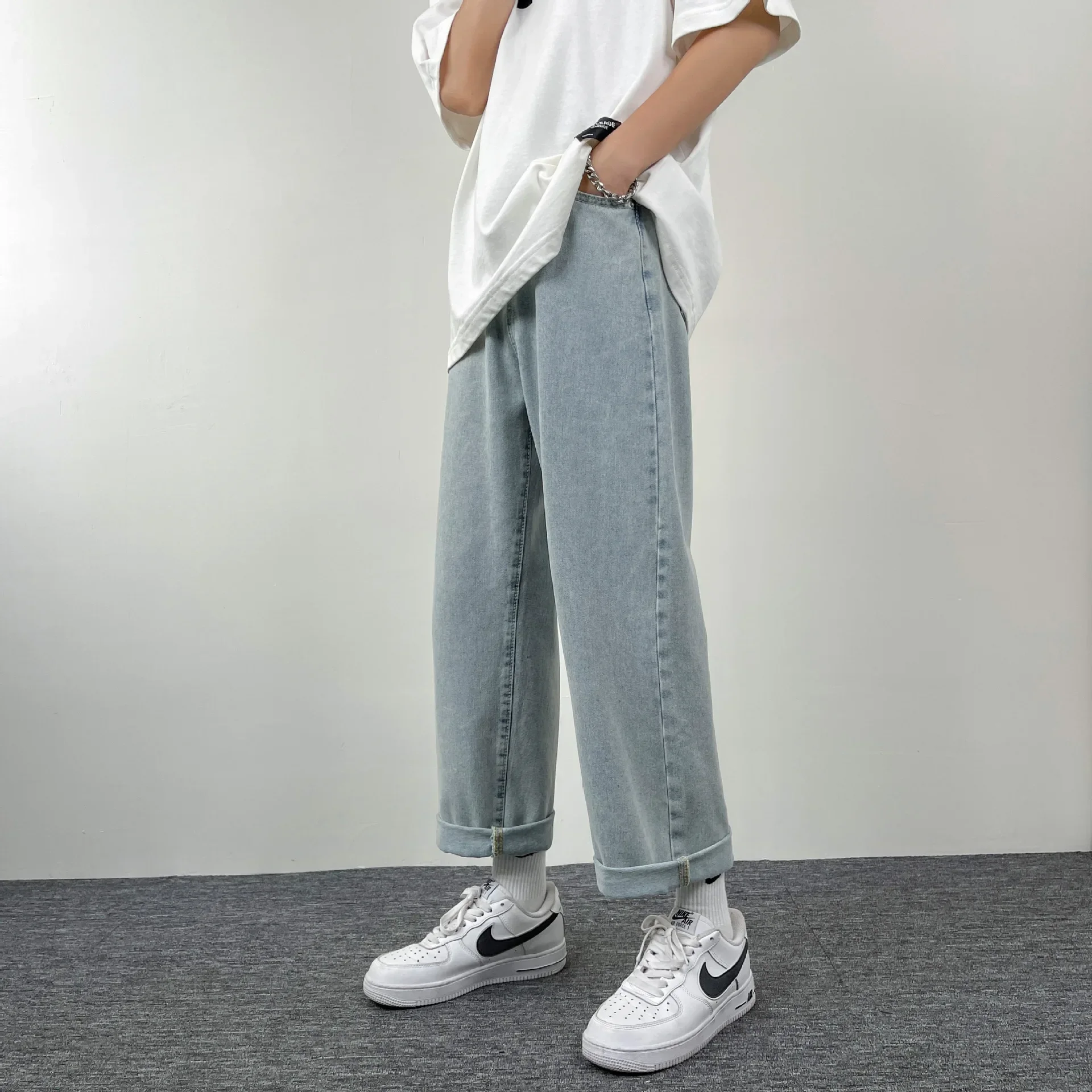 Jeans Men Denim Wide Leg Pants Long Pant Loose Casual Splice Simple Pockets Regular Autumn Winter High Waist Straight Trousers