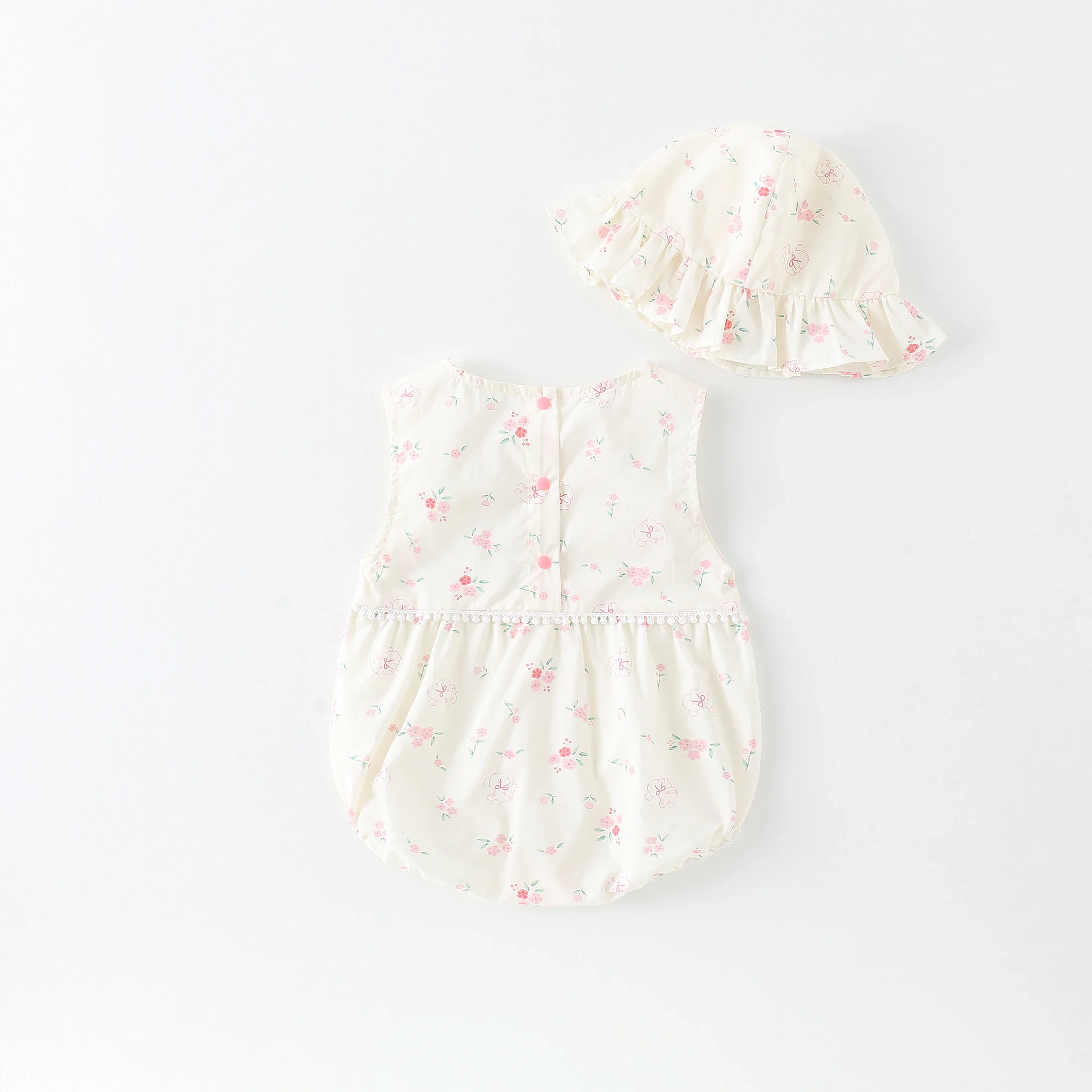 ملابس صيفية لعام 2025 قابلة للتنفس وحلوة للفتيات الصغيرات فئة 95% قطن - زي مثلث بدون أكمام مزين بالزهور مع قبعة #2