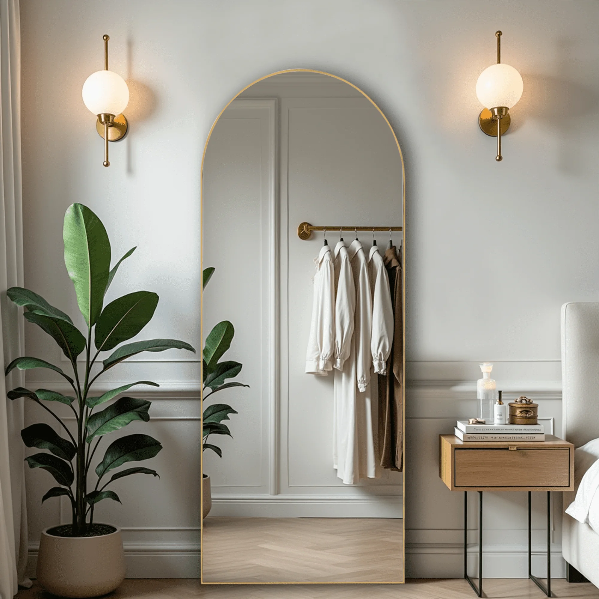 59 inch gebogen spiegel over de volledige lengte Staande vloerspiegel Volledige lichaamsspiegel met beugel, aluminiumlegering, goud