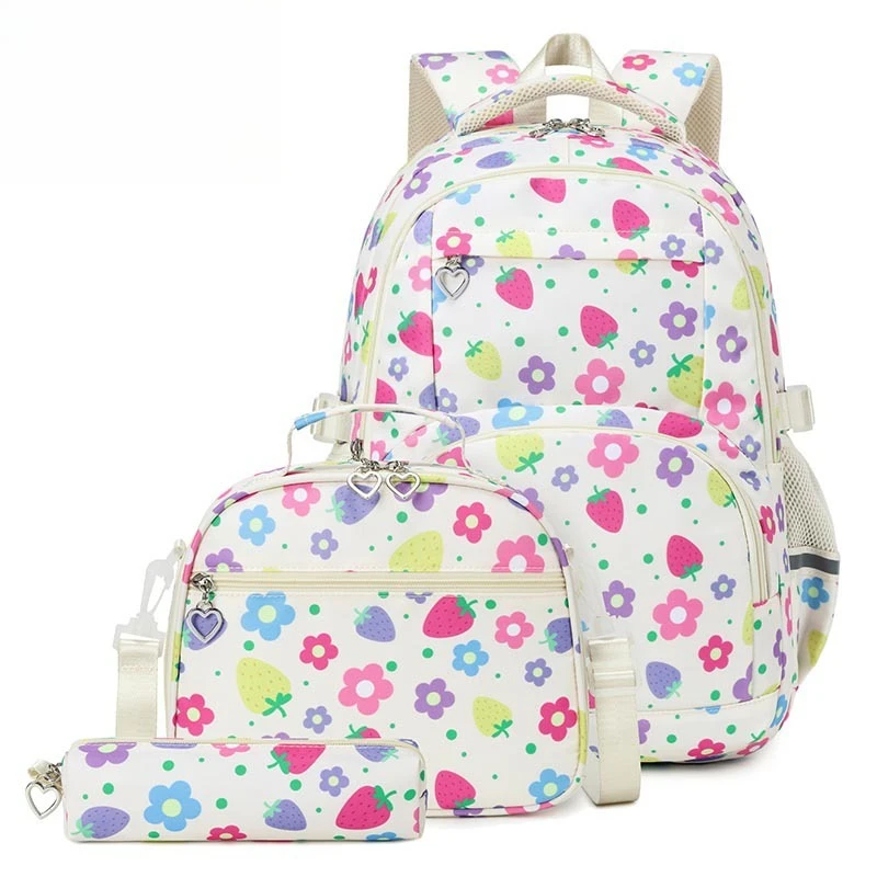 Strawberry Flower Print Oxford Backpack Large Capacity Dual Shoulder Bag for Middle School Students Wear Resistant Fresh Sweet